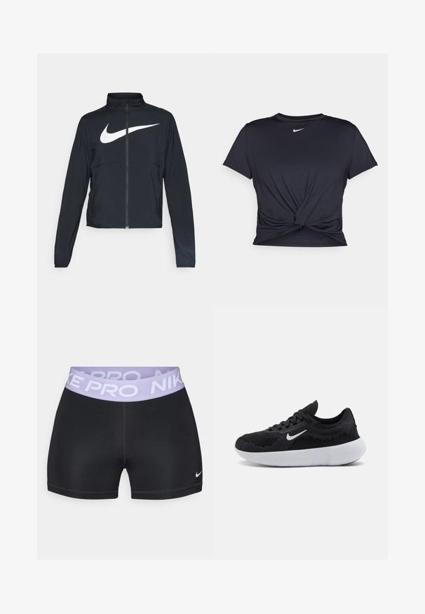 Black full-zip sports jacket with high collar, long sleeves, and large white Nike swoosh logo across the chest.; Black athletic t-shirt made of smooth fabric, featuring a knotted front design and a small white Nike logo on the chest.; Black shorts with a smooth texture and a lavender waistband labeled "NIKE PRO." Features a small white Nike logo on the leg.; Black athletic shoe with a mesh upper, textured design, round toe, white rubber sole, and a Nike logo on the side.