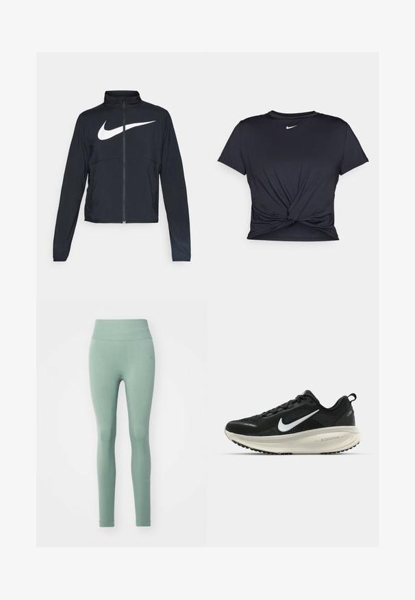 Giacca sportiva nera con zip completa, colletto alto, maniche lunghe e grande logo swoosh bianco Nike sul petto.; Maglietta atletica nera realizzata in tessuto liscio, con un design anteriore annodato e un piccolo logo Nike bianco sul petto.; Leggings a vita alta, aderenti, di colore verde chiaro. Realizzati in tessuto elasticizzato con una texture liscia. Senza pattern o accessori notevoli.; Scarpa da corsa nera Nike con tomaia in rete traspirante, logo Swoosh bianco, dettagli testurizzati e intersuola ZoomX di colore crema.