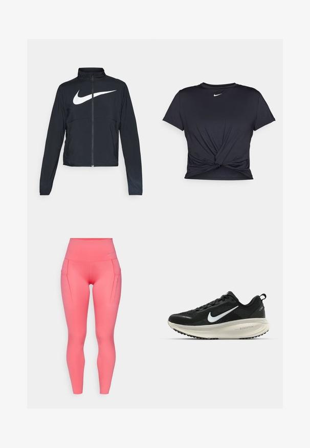 Jachetă sport neagră cu fermoar pe toată lungimea, guler înalt, mâneci lungi și un logo mare alb Nike swoosh pe piept.; Tricou sport negru din material neted, cu un design frontal legat și un mic logo Nike alb pe piept.; Colanți roz cu talie înaltă, cu o textură netedă, având două buzunare laterale și un mic logo accentuat aproape de talie.; Pantofii de alergare negri de la Nike, cu parte superioară din plasă respirabilă, logo-ul alb Swoosh, detalii texturate și o talpă intermediară ZoomX de culoare crem.