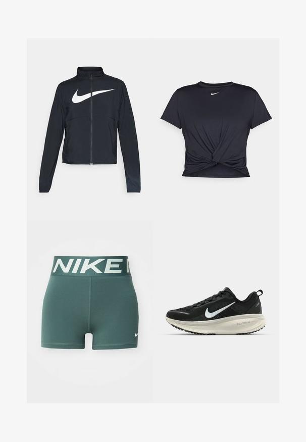 Čierna športová bunda na zips s vysokým golierom, dlhými rukávmi a veľkým bielym logom Nike na hrudi.; Čierne atletické tričko vyrobené z hladkej tkaniny, so zaväzovaným predným dizajnom a malým bielym logom Nike na hrudi.; Zelené športové šortky s širokým elastickým pásom, na ktorom je svetlým písmom napísané "NIKE", a malým bielym logom v pravom dolnom rohu nohavice.; Čierne bežecké topánky Nike s priedušnou sieťovinou, bielym logom s symbolom swoosh, textúrovanými detailmi a krémovou ZoomX medzipodrážkou.