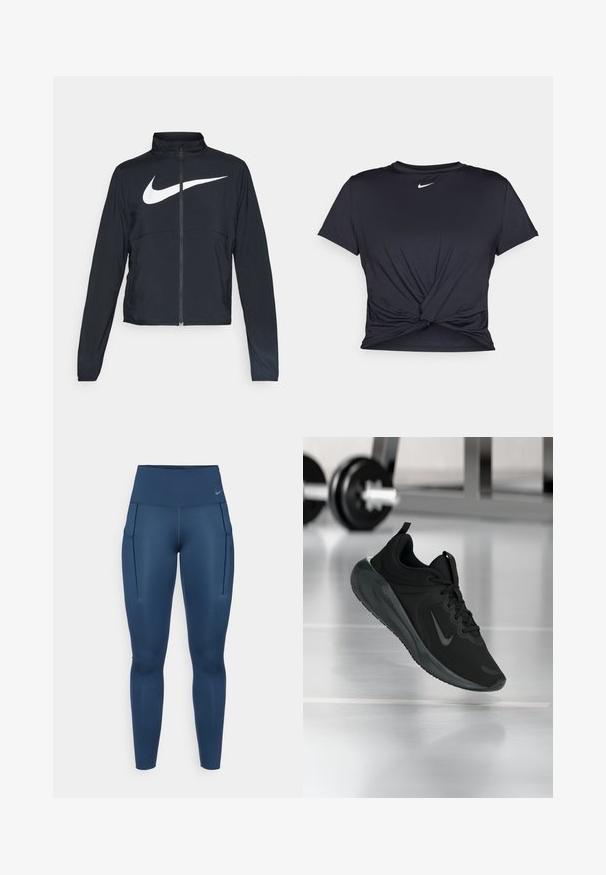 Zwarte sportjas met volledige rits, hoge kraag, lange mouwen en groot wit Nike swoosh-logo op de borst.; Zwarte sportieve T-shirt van gladde stof, met een geknoopt ontwerp aan de voorkant en een klein wit Nike-logo op de borst.; Marineblauwe sportlegging met een hoge tailleband, voorzien van twee zijzakken en gemaakt van soepel, rekbaar materiaal voor comfort en bewegingsvrijheid.; Zwarte sportsneaker met Nike-logo, weergegeven in de lucht boven de gymvloer, met een vervaagde halterrek op de achtergrond.