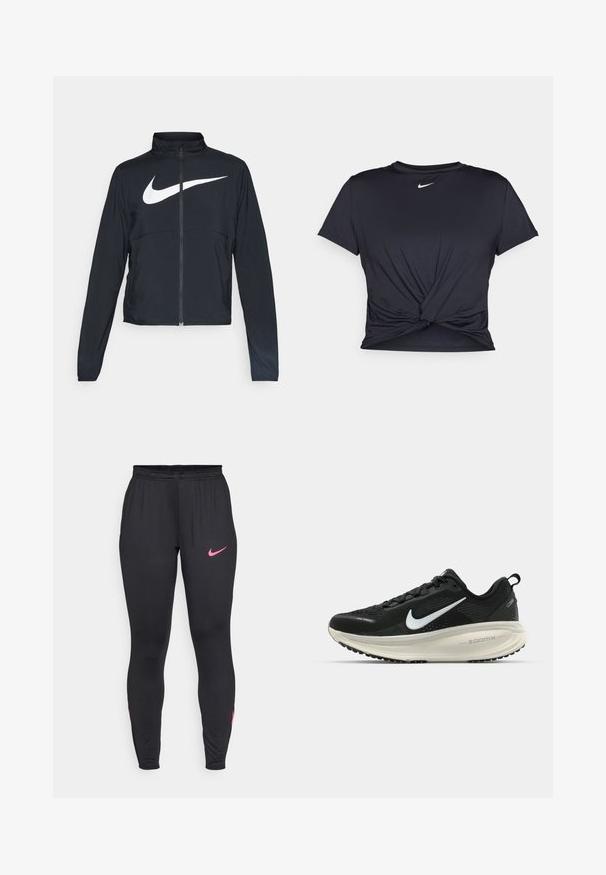 Must musta täispikk vary hoodie kõrge krae, pikad varrukad ja suur valge Nike swooshi logo rinnal.; Mustmust musta sportlik T-särk, mis on valmistatud sujuvast kangast, millel on sõlmega esikülg ja väike valge Nike logo rinnal.; Mustad disainiga mustad spordilegendi, millel on vasakul reitel roosa Nike logo ja roosad aktsendid alumistel külgedel. Elastsest kangast vöökoht.; Musthave mustus Nike jooksujalats, millel on hingav võrgust ülemine osa, valge swoosh logo, tekstuuriga detailid ja kreemja värvusega ZoomX vahevöö.