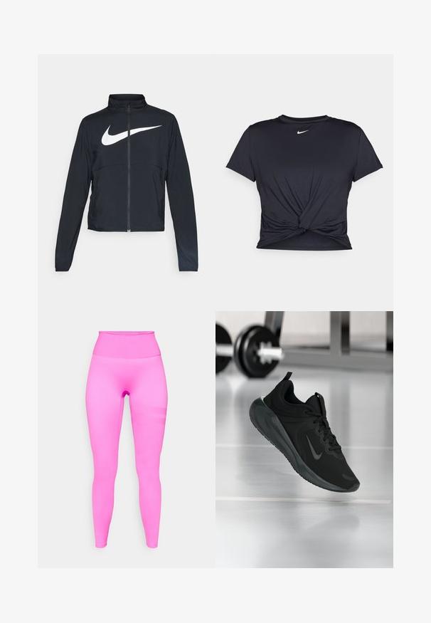 Juodas sportinis džemperis su visiškai užtraukiama užtrauktuku, aukšta apykakle, ilgomis rankovėmis ir dideliu baltu Nike swoosh logotipu per krūtinę.; Juodas sportinis marškinėlis, pagamintas iš lygios medžiagos, su surišta priekiu ir mažu baltu Nike logotipu ant krūtinės.; Aukštos juosmens, prigludę leggingai ryškiai rožinės spalvos. Sklandžiai tampri medžiaga su subtiliu tekstūriniu juostelės akcentu šone.; Juodas sportinis sportbačiai su Nike logotipu, pavaizduoti ore virš sporto salės grindų, fone išblurinta hantelių laikiklis.