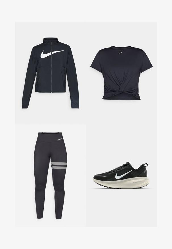 Černá sportovní bunda na zip s vysokým límcem, dlouhými rukávy a velkým bílým logem Nike swoosh přes prsa.; Černé sportovní tričko vyrobené z hladkého materiálu, s uzlovým designem vpředu a malým bílým logem Nike na hrudi.; Černé sportovní legíny s vysokým pasem, se dvěma bílými diagonálními pruhy na pravém stehně a malým logem "STRONGER" na pase.; Černá běžecká obuv Nike s prodyšným síťovaným svrškem, bílým logem swoosh, texturovanými detaily a krémovou mezipodešví ZoomX.