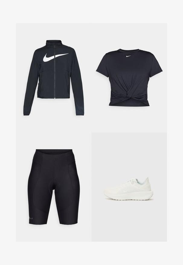 Giacca sportiva nera con zip completa, colletto alto, maniche lunghe e grande logo swoosh bianco Nike sul petto.; Maglietta atletica nera realizzata in tessuto liscio, con un design anteriore annodato e un piccolo logo Nike bianco sul petto.; Pantaloni da ciclismo neri realizzati in materiale elasticizzato, dotati di un inserto imbottito, cintura elastica e cuciture lisce per una vestibilità affusolata.; Scarpe da ginnastica bianche con tomaia texture, collo imbottito e chiusura con lacci. Presentano una suola curva e un logo discreto sul lato.