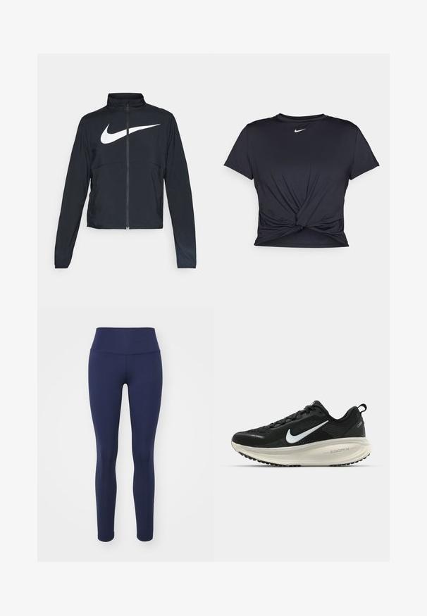 Črna športna jakna z polnim zadrgo, visokim ovratnikom, dolgimi rokavi in velikim belim logotipom Nike swoosh čez prsi.; Črna atletska majica iz gladkega materiala, z vozlanim sprednjim delom in majhnim belim logotipom Nike na prsih.; Temno modre legice, izdelane iz raztegljivega materiala, z visokim pasom in gladkim, brezšivnim dizajnom, brez vidnih vzorcev ali dodatkov.; Črne Nike tekaške čevlje z zračno mrežno zgornjim delom, belim logotipom Swoosh, teksturiranimi detajli in smetanasto barvnim srednjim delom ZoomX.