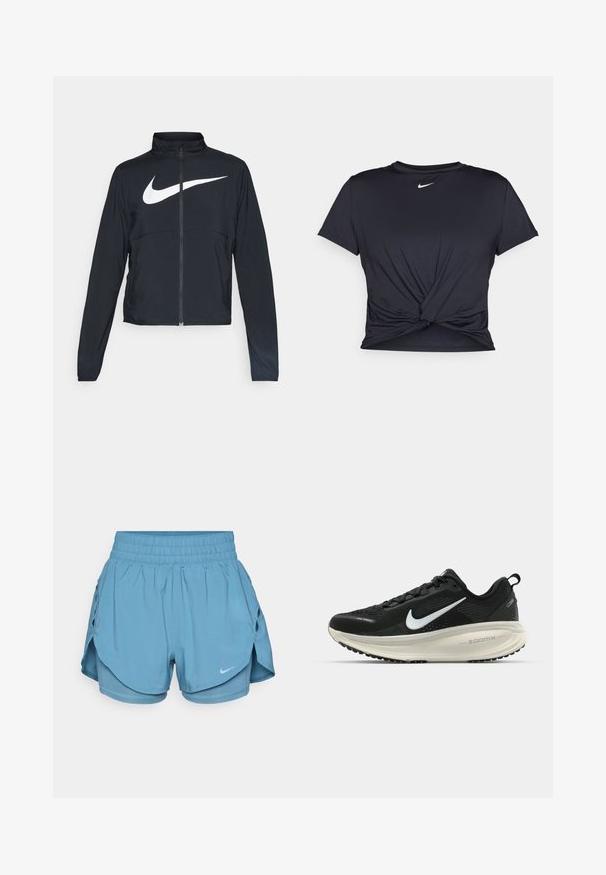 Fekete, teljes cipzáros sportdzseki magas gallérral, hosszú ujjal, amelyen egy nagy, fehér Nike logó található a mellkason.; Fekete sportpóló sima anyagból, elöl megkötős dizájnnal, a mellkason egy kis fehér Nike logóval.; Világoskék Nike sort elasztikus derékkal, rétegezett dizájnnal és oldalsó szellőző nyílásokkal. Elöl kis logó részlet található.; Fekete Nike futócipő légáteresztő hálós felsőrésszel, fehér Swoosh logóval, textúrázott részletekkel és krém színű ZoomX középtalppal.