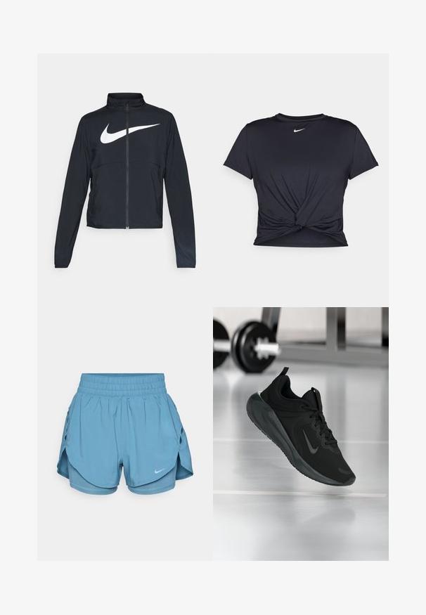 Fekete, teljes cipzáros sportdzseki magas gallérral, hosszú ujjal, amelyen egy nagy, fehér Nike logó található a mellkason.; Fekete sportpóló sima anyagból, elöl megkötős dizájnnal, a mellkason egy kis fehér Nike logóval.; Világoskék Nike sort elasztikus derékkal, rétegezett dizájnnal és oldalsó szellőző nyílásokkal. Elöl kis logó részlet található.; Fekete sportcipő Nike logóval, amely a levegőben látható az edzőterem padlóján, a háttérben elmosódott kézi súlyzó állvánnyal.
