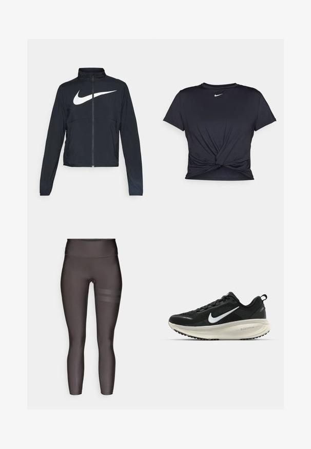 Casaco desportivo preto com fecho éclair completo, gola alta, mangas longas e grande logótipo branco da Nike na parte frontal.; T-shirt atlético preto feito de tecido liso, apresentando um design frontal com nó e um pequeno logótipo branco da Nike no peito.; Leggings de cintura alta, de cor cinza escuro, com uma textura suave; apresentam duas riscas horizontais na coxa esquerda em material contrastante.; Sapatilha de corrida Nike preta com parte superior de malha respirável, logotipo Swoosh branco, detalhes texturizados e uma entressola ZoomX na cor creme.