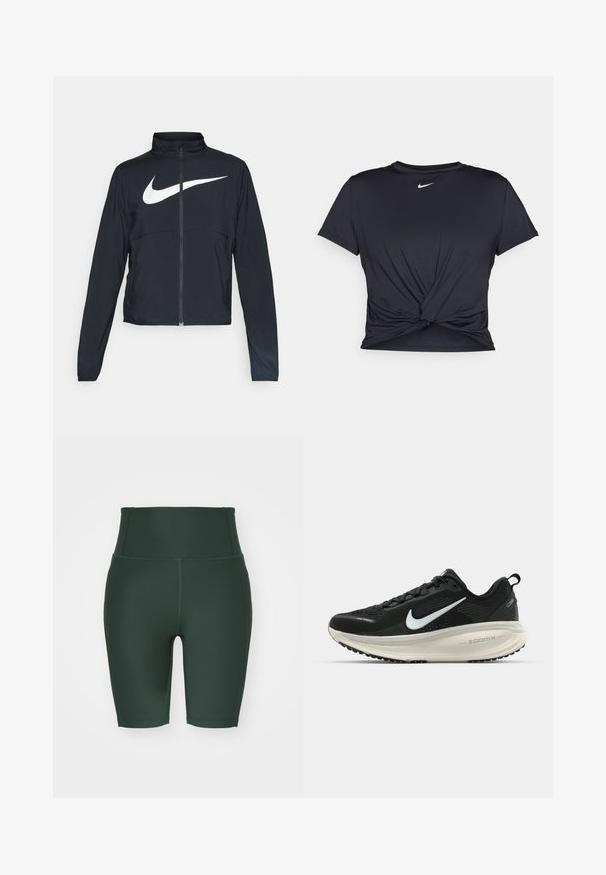 Zwarte sportjas met volledige rits, hoge kraag, lange mouwen en groot wit Nike swoosh-logo op de borst.; Zwarte sportieve T-shirt van gladde stof, met een geknoopt ontwerp aan de voorkant en een klein wit Nike-logo op de borst.; Hoge taille fietsbroek in donkergroen, gemaakt van rekbare stof. Kenmerken zijn een gladde textuur, vlakke naden en een getailleerd ontwerp.; Zwarte Nike hardloopschoen met ademend mesh bovenwerk, witte swoosh-logo, gestructureerde details en een crèmekleurige ZoomX middenzool.