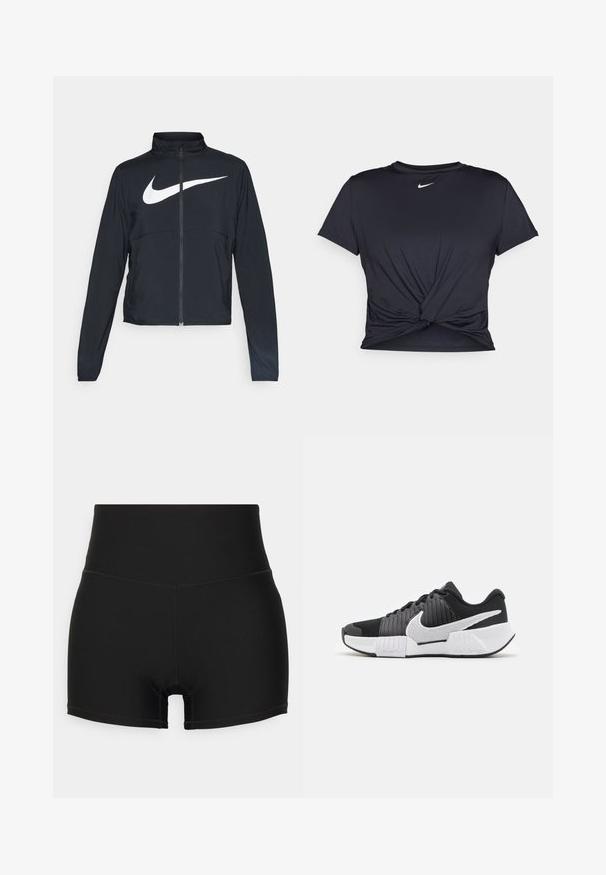 Giacca sportiva nera con zip completa, colletto alto, maniche lunghe e grande logo swoosh bianco Nike sul petto.; Maglietta atletica nera realizzata in tessuto liscio, con un design anteriore annodato e un piccolo logo Nike bianco sul petto.; Pantaloni sportivi neri con un design aderente, texture liscia, vita alta e dettagli di cucitura. Presentano un taglio a metà coscia e nessun motivo visibile.; Scarpe sportive in bianco e nero con una parte superiore testurizzata, un prominente swoosh Nike e un design della suola a contrasto per una migliore aderenza e stabilità.