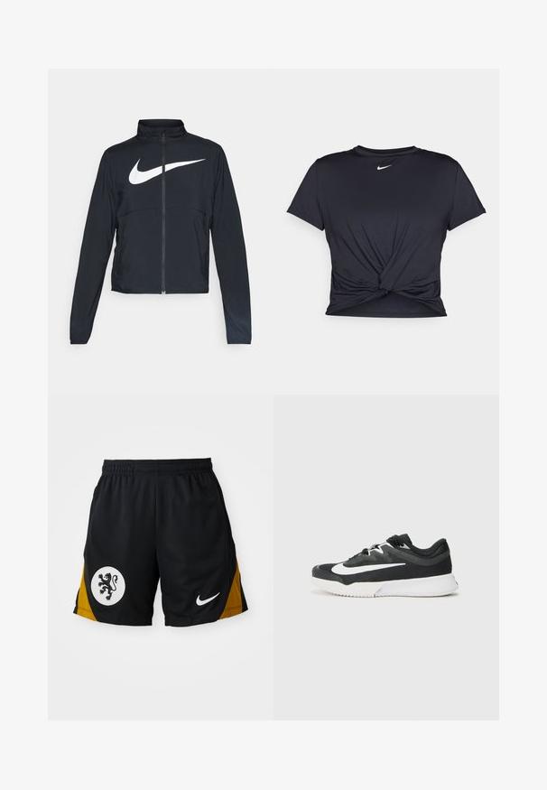 Schwarze Sportjacke mit vollem Reißverschluss, hohem Kragen, langen Ärmeln und großem weißen Nike-Swoosh-Logo auf der Brust.; Schwarzes Sport-T-Shirt aus glattem Stoff, mit einem geknoteten Vorderdesign und einem kleinen weißen Nike-Logo auf der Brust.; Schwarze Sportshorts mit einem gelben Akzentteil, einem weißen runden Emblem mit einem schwarzen Löwen und einem weißen Nike-Logo am Saum.; Schwarzer Sportschuh mit weißem Logo, Obermaterial aus strukturiertem Stoff, Schnürverschluss, gepolsterter Kragen und kontrastierender weißer Sohle mit strukturiertem Profil.