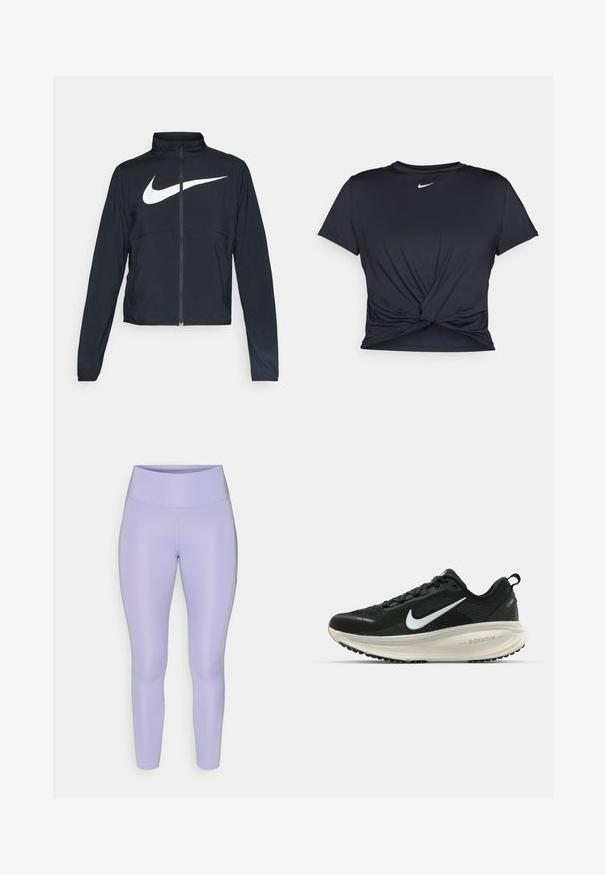 Crna sportska jakna s punim patentnim zatvaračem, visokim ovratnikom, dugim rukavima i velikim bijelim Nike swoosh logom preko grudi.; Crni trenirac s kratkim rukavima izrađen od glatkog materijala, s čvorastim dizajnom sprijeda i malim bijelim Nike logotipom na prsima.; Ljubičaste tajice napravljene od rastezljivog, glatkog materijala s visokim pojasom i prilagođenim dizajnom, s ravnim šavovima i bez vidljivih uzoraka.; Crne Nike trkačke tenisice s prozračnom mrežastom gornjom konstrukcijom, bijelim swoosh logotipom, teksturiranim detaljima i kremastom ZoomX srednjom potplatnom jedinicom.