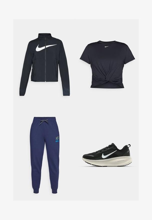 Černá sportovní bunda na zip s vysokým límcem, dlouhými rukávy a velkým bílým logem Nike swoosh přes prsa.; Černé sportovní tričko vyrobené z hladkého materiálu, s uzlovým designem vpředu a malým bílým logem Nike na hrudi.; Navy modré tepláky s tkaničkou v pase a manžetami na kotnících. Na levém stehně se nachází logo Lotto v jasných barvách. Vyrobeny z měkké látky.; Černá běžecká obuv Nike s prodyšným síťovaným svrškem, bílým logem swoosh, texturovanými detaily a krémovou mezipodešví ZoomX.