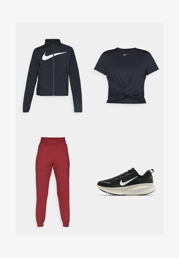 Melnā sporta jaka ar pilnu rāvējslēdzēju, augstu apkakli, garām piedurknēm un lielu baltu Nike swoosh logotipu krūšu daļā.; Melna sporta t-kreklu ar gludu audumu, ar mezglošanas priekšpusi un mazu baltu Nike logotipu uz krūšu daļas.; Augstās jostas sarkanas jogger bikses ar elastīgu jostu un aprocēm, ar priekšējiem kabatas ieliktņiem un šauru, sašaurinātu piegriezumu.; Melnas Nike skriešanas kurpes ar elpojošu acs augšdaļu, baltu Swoosh logotipu, strukturētu apdari un krēmkrāsas ZoomX starpsole.