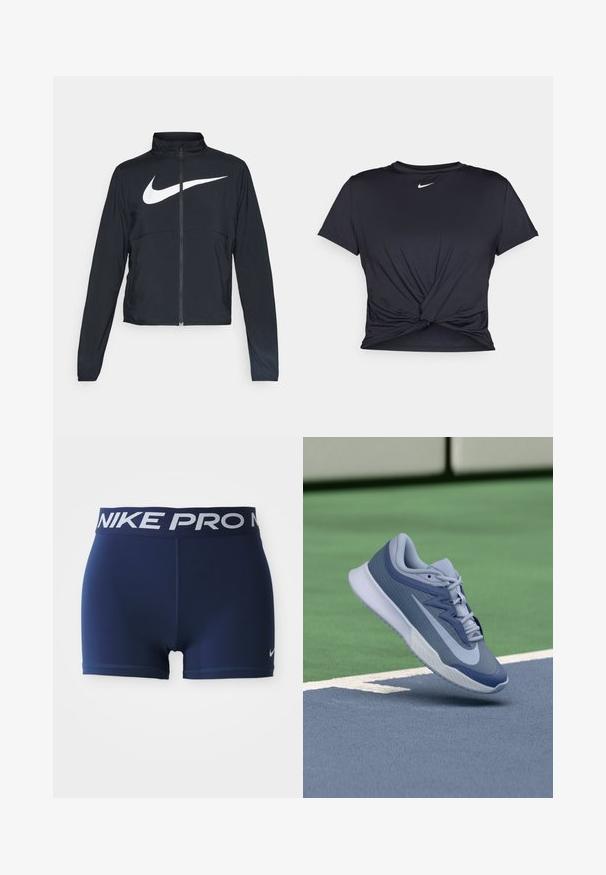 Crna sportska jakna s punim patentnim zatvaračem, visokim ovratnikom, dugim rukavima i velikim bijelim Nike swoosh logom preko grudi.; Crni trenirac s kratkim rukavima izrađen od glatkog materijala, s čvorastim dizajnom sprijeda i malim bijelim Nike logotipom na prsima.; Morski atletski šortsevi sa širokim elastičnim pojasom na kojem piše "NIKE PRO" u bijelom. Glatka tekstura sa ravnim šavovima i kontrastnim logotipom.; Sportske tenisice u svijetloplavoj i tamnoplavoj boji, s teksturiranim gornjim dijelom, ravnim vezicama i laganim bijelim potplatom. Iznad su povišene u odnosu na teren.