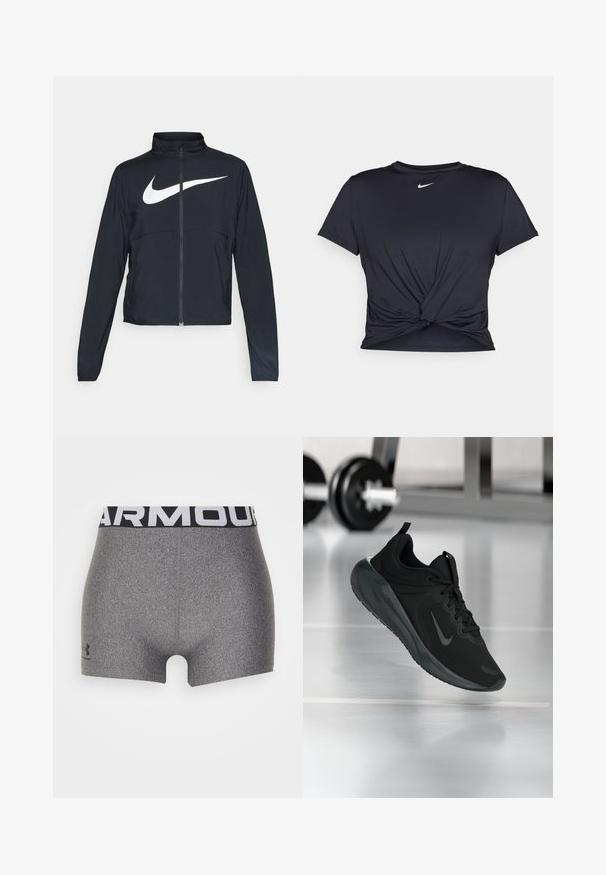 Giacca sportiva nera con zip completa, colletto alto, maniche lunghe e grande logo swoosh bianco Nike sul petto.; Maglietta atletica nera realizzata in tessuto liscio, con un design anteriore annodato e un piccolo logo Nike bianco sul petto.; Pantaloni sportivi grigi con un design attillato, realizzati in un materiale texture. Caratterizzati da una cintura nera larga con la scritta "ARMOUR" in bianco.; Sneaker sportivo nero con logo Nike, mostrato in volo su un pavimento da palestra, con un supporto per pesi sfocato sullo sfondo.