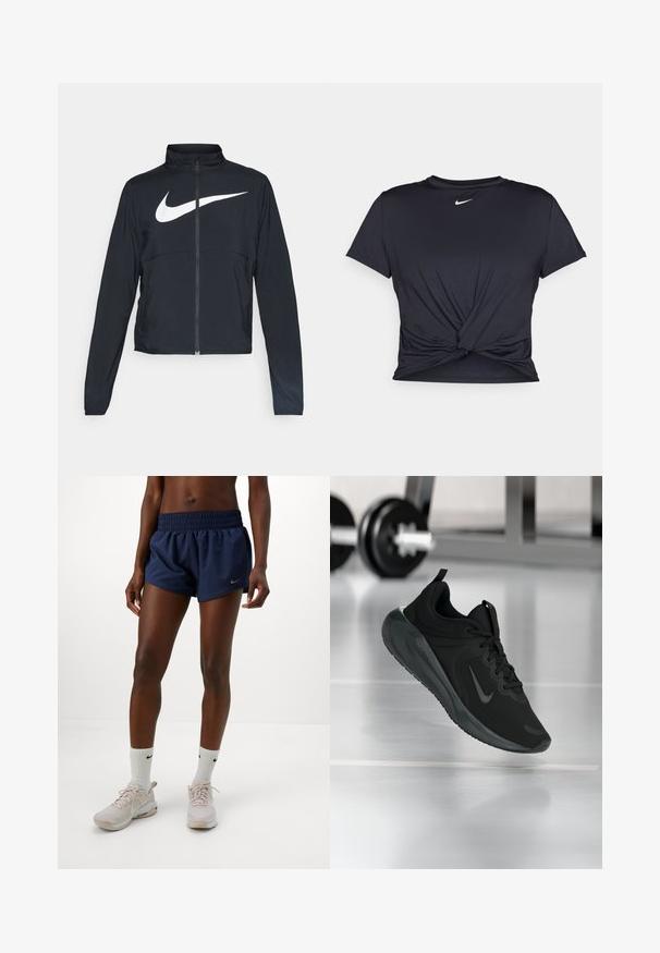 Black full-zip sports jacket with high collar, long sleeves, and large white Nike swoosh logo across the chest.; Black athletic t-shirt made of smooth fabric, featuring a knotted front design and a small white Nike logo on the chest.; Female wearing navy blue athletic shorts, white Nike socks, and light pink Nike sneakers standing against a plain white background.; Black sports sneaker with Nike logo, shown mid-air on gym floor, with blurred dumbbell rack in background.