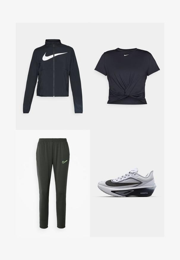 Sort fuld-zip sportsjakke med høj krave, lange ærmer og stort hvidt Nike swoosh-logo på brystet.; Sort atletisk t-shirt lavet af glat stof, med et knyttet frontdesign og et lille hvidt Nike-logo på brystet.; Nike joggerbukser i mørkegrå, med elastisk talje, tætsiddende ben og en neon grøn logoaccents på venstre lår.; Hvid sportssko med en mesh-overdel, der har en sort buet swoosh, ZoomX-dæmpningssål og et struktureret design for åndbarhed.