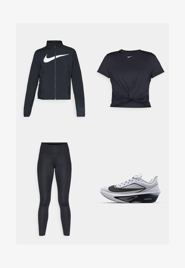 Crna sportska jakna s punim patentnim zatvaračem, visokim ovratnikom, dugim rukavima i velikim bijelim Nike swoosh logom preko grudi.; Crni trenirac s kratkim rukavima izrađen od glatkog materijala, s čvorastim dizajnom sprijeda i malim bijelim Nike logotipom na prsima.; Crne tajice izrađene od glatkog, rastezljivog materijala. Visok struk bez vidljivih uzoraka ili akcenta. Tjesno pristaju od struka do gležnjeva.; Bijela atletska cipela s mrežastim gornjim dijelom, koja ima crni zakrivljeni swoosh, potplat s ZoomX amortizacijom i teksturiran dizajn za prozračnost.