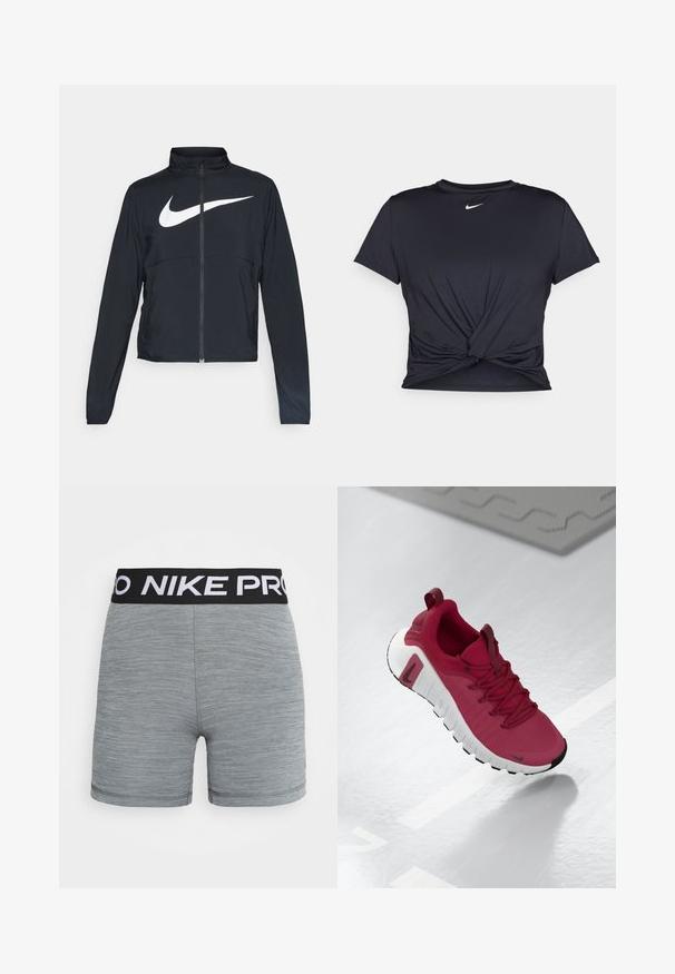 Svart sportjacka med hel dragkedja, hög krage, långa ärmar och stor vit Nike swoosh-logotyp över bröstet.; Svart atletisk t-shirt i mjukt tyg, med en knuten framdesign och en liten vit Nike-logga på bröstet.; Nike Performance SHORT - Tights - smoke grey heather/black; Röd sportskor med en texturerad ovandel, snörning och en tjock vit sula. Har en kontrasterande svart tåskydd och en logotyp på sidan.