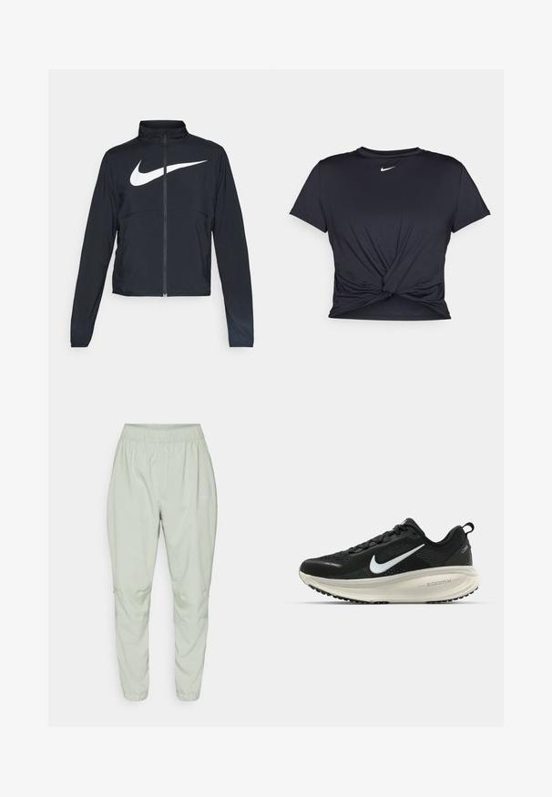 Melnā sporta jaka ar pilnu rāvējslēdzēju, augstu apkakli, garām piedurknēm un lielu baltu Nike swoosh logotipu krūšu daļā.; Melna sporta t-kreklu ar gludu audumu, ar mezglošanas priekšpusi un mazu baltu Nike logotipu uz krūšu daļas.; Nike Performance DRI-FIT FAST - Treniņtērpa apakšdaļas - jade horizon; Melnas Nike skriešanas kurpes ar elpojošu acs augšdaļu, baltu Swoosh logotipu, strukturētu apdari un krēmkrāsas ZoomX starpsole.