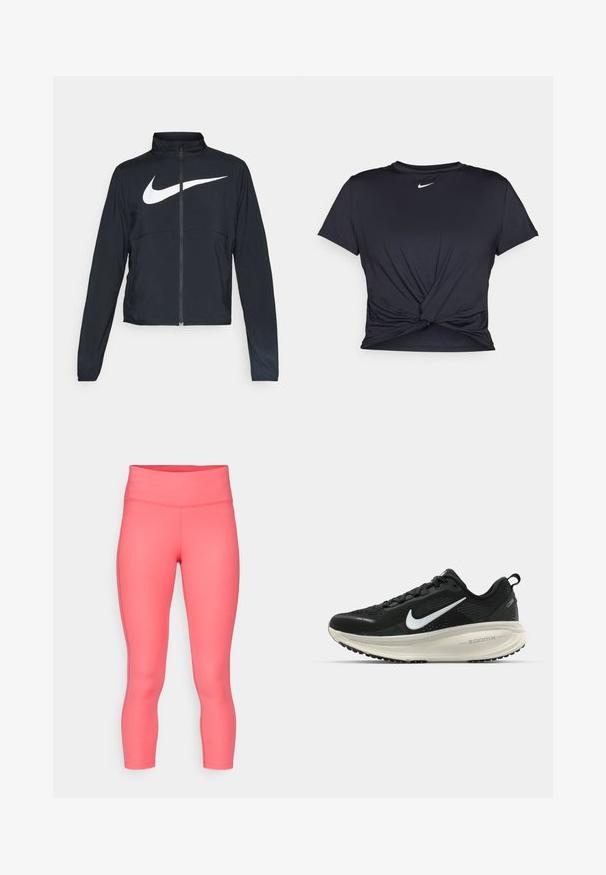 Chaqueta deportiva negra de cremallera completa con cuello alto, mangas largas y gran logo de Nike en blanco en el pecho.; Camiseta atlética negra hecha de tela suave, con un diseño de nudo en la parte delantera y un pequeño logo blanco de Nike en el pecho.; Nike Performance FAST CROP - Leggings - aster pink/reflective silver; Zapatilla de running Nike negra con parte superior de malla transpirable, logo Swoosh blanco, detalles texturizados y una entresuela ZoomX de color crema.