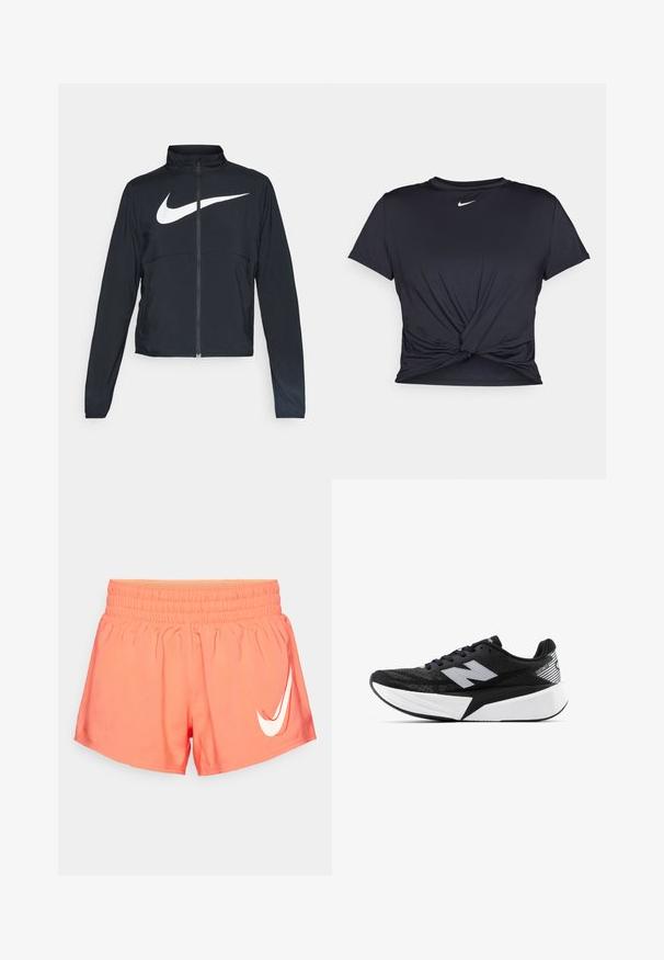 Črna športna jakna z polnim zadrgo, visokim ovratnikom, dolgimi rokavi in velikim belim logotipom Nike swoosh čez prsi.; Črna atletska majica iz gladkega materiala, z vozlanim sprednjim delom in majhnim belim logotipom Nike na prsih.; Korale športne kratke hlače z elastičnim pasom, gladko teksturo in výraznim belim logotipom Nike na sprednji levi strani.; Črno-bela tekaška obutev New Balance z debelim podplatom, mrežnim zgornjim delom in logotipom "N" na strani, prikazana s zunanje strani.