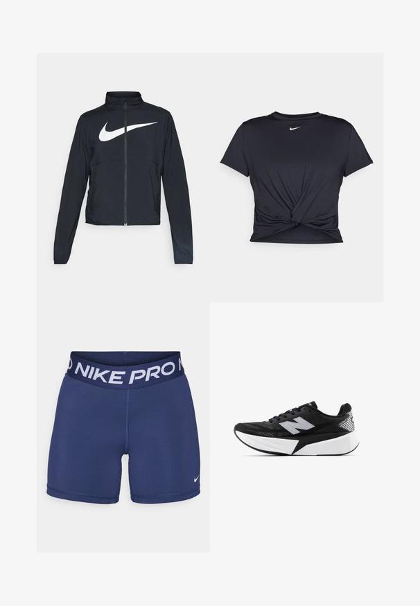 Čierna športová bunda na zips s vysokým golierom, dlhými rukávmi a veľkým bielym logom Nike na hrudi.; Čierne atletické tričko vyrobené z hladkej tkaniny, so zaväzovaným predným dizajnom a malým bielym logom Nike na hrudi.; Tmavomodré šortky Nike Pro s širokým pásom a bielym textom "NIKE PRO" a malým bielym logom na dolnej pravej strane. Hladká textúra látky.; Čierno-biele bežecké topánky New Balance s hrubou podrážkou, sieťovinovým zvrškom a logom "N" na boku, zobrazené z vonkajšej strany.