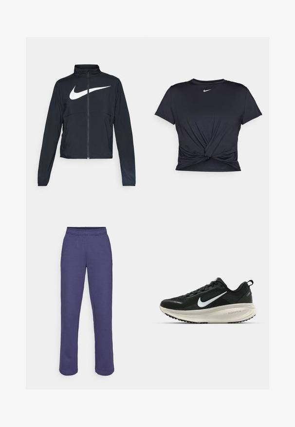 Sort fuld-zip sportsjakke med høj krave, lange ærmer og stort hvidt Nike swoosh-logo på brystet.; Sort atletisk t-shirt lavet af glat stof, med et knyttet frontdesign og et lille hvidt Nike-logo på brystet.; Lilla sweatpants med elastisk talje, lige ben og et blødt blandingsstof af bomuld. Ingen synlige mønstre eller hardware detaljer.; Sort Nike løbesko med åndbart mesh-overdel, hvidt swoosh-logo, tekstureret detaljering og en cremede ZoomX mellemsål.