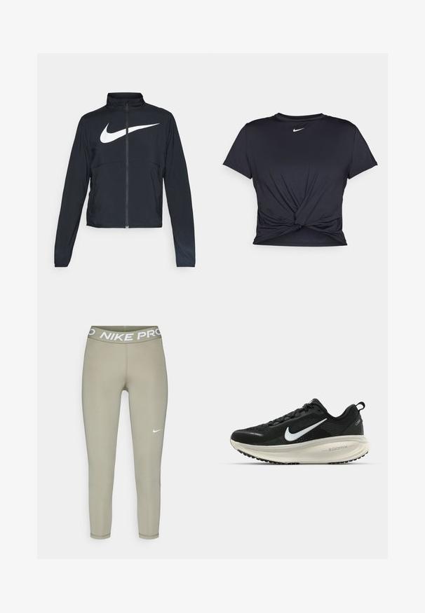 Veste de sport noire zippée sur toute la longueur avec un col haut, des manches longues et un grand logo Nike swoosh blanc sur la poitrine.; T-shirt de sport noir en tissu lisse, avec un design avant noué et un petit logo Nike blanc sur la poitrine.; Leggings en vert olive clair, confectionnés en tissu extensible. Comprennent une large ceinture élastique avec le texte "NIKE PRO" et un petit logo blanc.; Baskets de course noir Nike avec tige respirante en mesh, logo swoosh blanc, détails texturés et semelle intermédiaire ZoomX de couleur crème.
