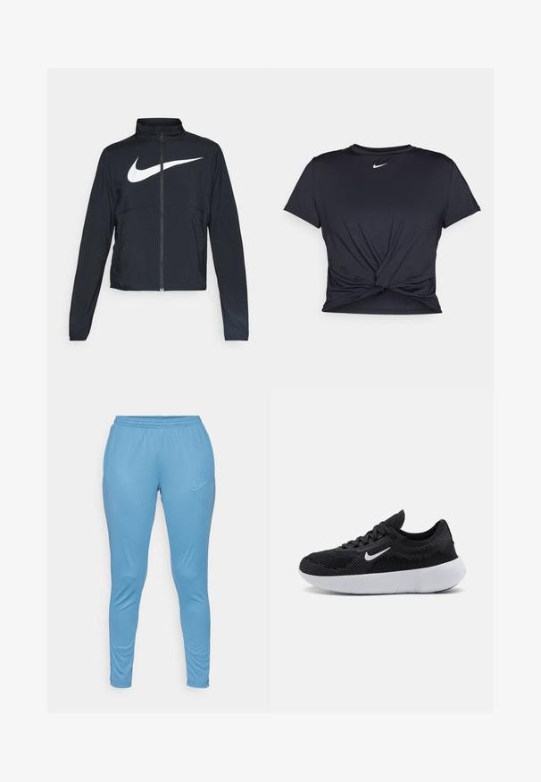 Melnā sporta jaka ar pilnu rāvējslēdzēju, augstu apkakli, garām piedurknēm un lielu baltu Nike swoosh logotipu krūšu daļā.; Melna sporta t-kreklu ar gludu audumu, ar mezglošanas priekšpusi un mazu baltu Nike logotipu uz krūšu daļas.; Gaiši zili, stiepjami sporta bikses ar elastīgu jostu un nelielu kontrastējošu Nike logotipu uz kreisā augšstilba.; Melna sporta apava ar acs audumu augšdaļu, teksturētu dizainu, apaļu purngalu, baltu gumijas zoli un Nike logotipu sānos.