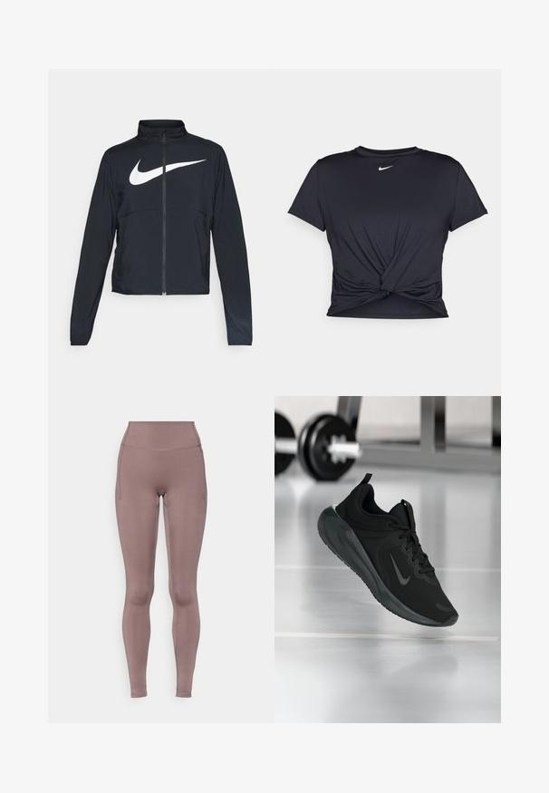 Schwarze Sportjacke mit vollem Reißverschluss, hohem Kragen, langen Ärmeln und großem weißen Nike-Swoosh-Logo auf der Brust.; Schwarzes Sport-T-Shirt aus glattem Stoff, mit einem geknoteten Vorderdesign und einem kleinen weißen Nike-Logo auf der Brust.; Hoch taillierte Leggings in einem sanften Mauve-Ton, hergestellt aus dehnbarem Stoff mit flachen Nähten und Seitentaschen. Glatte Textur und eng anliegendes Design.; Schwarzer Sportsneaker mit Nike-Logo, mid-air über dem Boden des Fitnessstudios, mit unscharfem Hantelregal im Hintergrund.