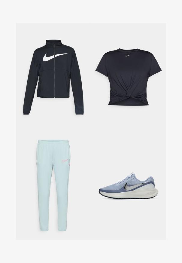 Veste de sport noire zippée sur toute la longueur avec un col haut, des manches longues et un grand logo Nike swoosh blanc sur la poitrine.; T-shirt de sport noir en tissu lisse, avec un design avant noué et un petit logo Nike blanc sur la poitrine.; Pantalons de survêtement Nike bleu clair avec une texture lisse, taille élastique et accents de logo rose sur la cuisse gauche et les poches.; Chaussure de course Nike bleu clair et blanche avec un swoosh argenté, tige en mesh respirant, semelle rembourrée et semelle extérieure noire.