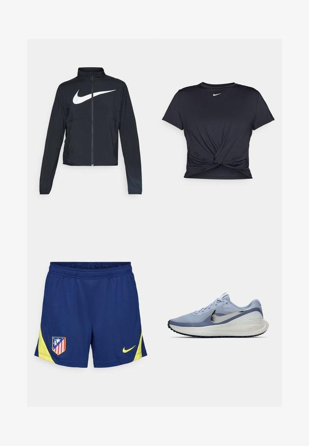 Svart joggebund med hel glidelås, høy krage, lange ermer og stort hvitt Nike swoosh-logo over brystet.; Svart trenings T-skjorte laget av glatt stoff, med en knyttet frontdesign og en liten hvit Nike-logo på brystet.; Marineblå treningsshorts med gule detaljer, med elastisk livlinje og sideinnsatser. Brodert klubbmerke på venstre lår.; Lys blå og hvit Nike løpesko med sølvfarget swoosh, pustende mesh-overdel, polstret såle og svart yttersåle med mønster.