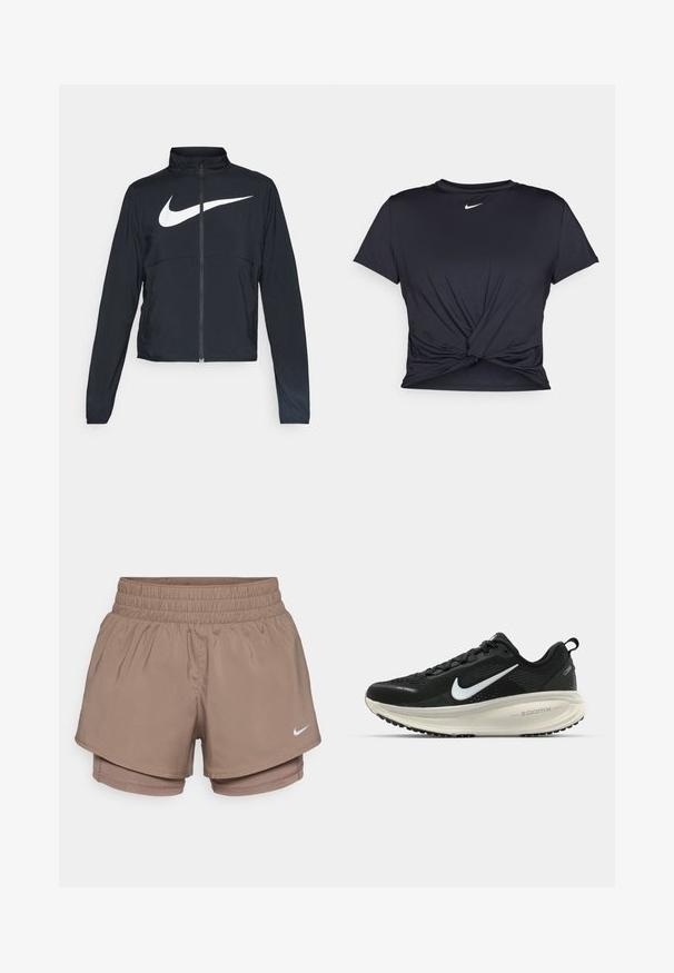 Svart joggebund med hel glidelås, høy krage, lange ermer og stort hvitt Nike swoosh-logo over brystet.; Svart trenings T-skjorte laget av glatt stoff, med en knyttet frontdesign og en liten hvit Nike-logo på brystet.; Nike sports shorts har en lettvektig, elastisk brun stoff med elastisk midjebånd og innebygde indershorts. Liten hvit logo foran.; Svart Nike løpesko med pustende mesh-overdel, hvit swoosh-logo, teksturert detaljer og en kremfarget ZoomX mellomsåle.