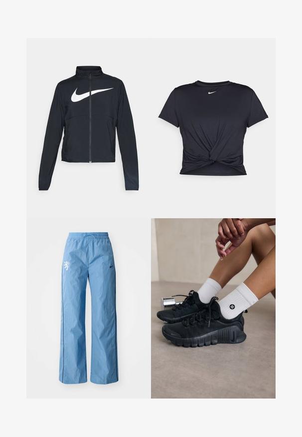 Černá sportovní bunda na zip s vysokým límcem, dlouhými rukávy a velkým bílým logem Nike swoosh přes prsa.; Černé sportovní tričko vyrobené z hladkého materiálu, s uzlovým designem vpředu a malým bílým logem Nike na hrudi.; Světle modré kalhoty s širokými nohavicemi vyrobené z texturované látky, se černým pruhováním na boku a bílou grafikou lva na přední straně. Zahrnují elastický pas.; Černé sportovní boty s texturovanou látkou, šněrováním a výraznou podrážkou, v kombinaci s bílými žebrovanými ponožkami s malým logem.