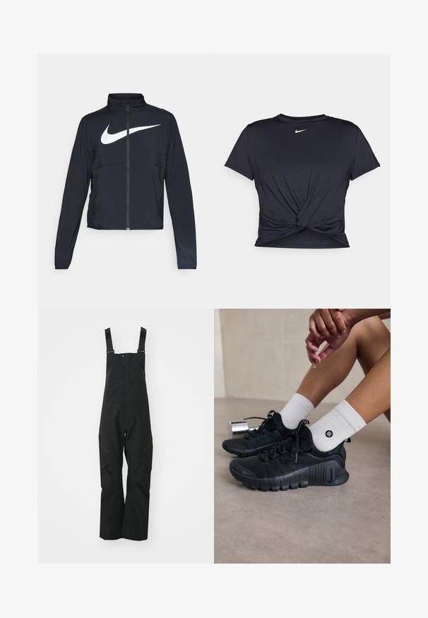 Črna športna jakna z polnim zadrgo, visokim ovratnikom, dolgimi rokavi in velikim belim logotipom Nike swoosh čez prsi.; Črna atletska majica iz gladkega materiala, z vozlanim sprednjim delom in majhnim belim logotipom Nike na prsih.; Črne vodoodporne kombinezonske hlače imajo nastavljive naramnice, zadrgo na prsih in ojačane kolenske dele za večjo trpežnost.; Črne športne čevlje z teksturirano tkanino, vezanim dizajnom in izrazitim podplatom, v kombinaciji z belimi rebrastimi nogavicami z majhnim logotipom.