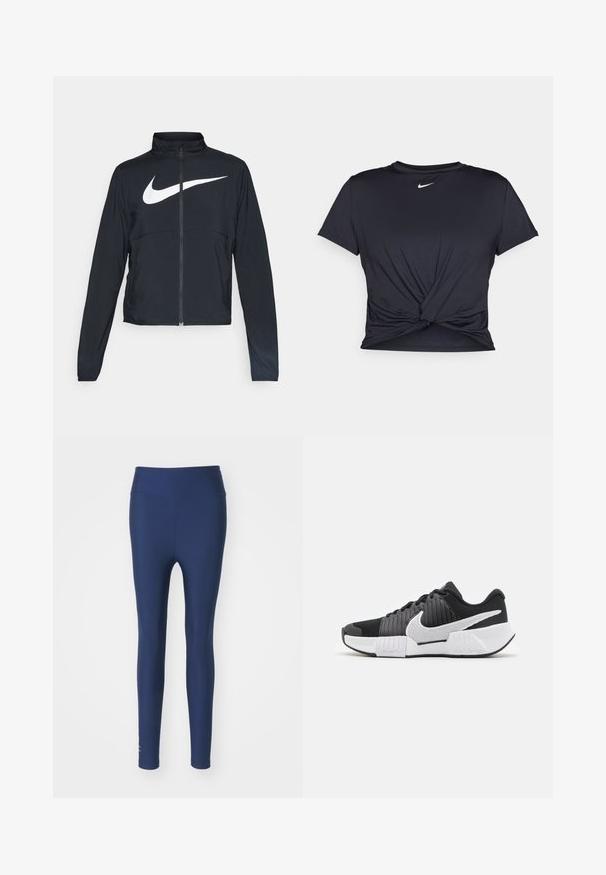 Casaco desportivo preto com fecho éclair completo, gola alta, mangas longas e grande logótipo branco da Nike na parte frontal.; T-shirt atlético preto feito de tecido liso, apresentando um design frontal com nó e um pequeno logótipo branco da Nike no peito.; Leggings azul marinho feitos de tecido elástico com uma cintura alta e textura suave. Apresenta um pequeno detalhe de logótipo perto do tornozelo.; Sapatos desportivos em preto e branco com um upper texturizado, swoosh da Nike em destaque e um design de sola em contraste para melhor aderência e estabilidade.