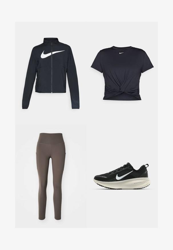 Melnā sporta jaka ar pilnu rāvējslēdzēju, augstu apkakli, garām piedurknēm un lielu baltu Nike swoosh logotipu krūšu daļā.; Melna sporta t-kreklu ar gludu audumu, ar mezglošanas priekšpusi un mazu baltu Nike logotipu uz krūšu daļas.; Nike Performance ONE 7/8 - Legingi - ironstone; Melnas Nike skriešanas kurpes ar elpojošu acs augšdaļu, baltu Swoosh logotipu, strukturētu apdari un krēmkrāsas ZoomX starpsole.