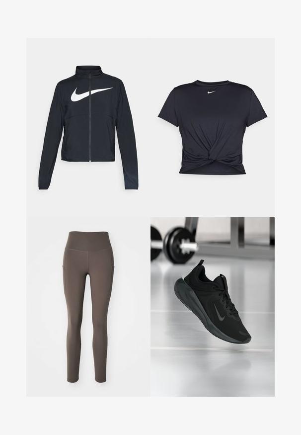 Jachetă sport neagră cu fermoar pe toată lungimea, guler înalt, mâneci lungi și un logo mare alb Nike swoosh pe piept.; Tricou sport negru din material neted, cu un design frontal legat și un mic logo Nike alb pe piept.; Nike Performance ONE 7/8 - Leggings - ironstone; Tenisii sport negru cu logo-ul Nike, arătați în aer deasupra podelei de sală de sport, cu un suport pentru haltere neclar în fundal.