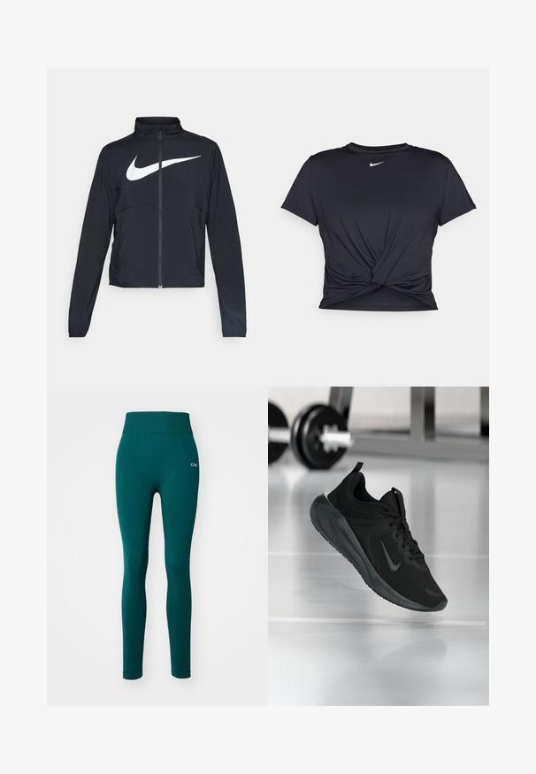 Giacca sportiva nera con zip completa, colletto alto, maniche lunghe e grande logo swoosh bianco Nike sul petto.; Maglietta atletica nera realizzata in tessuto liscio, con un design anteriore annodato e un piccolo logo Nike bianco sul petto.; Leggings attivi teal con una cintura larga, realizzati in tessuto elasticizzato. Presentano una texture liscia e dettagli in rete sulla parte inferiore della gamba.; Sneaker sportivo nero con logo Nike, mostrato in volo su un pavimento da palestra, con un supporto per pesi sfocato sullo sfondo.