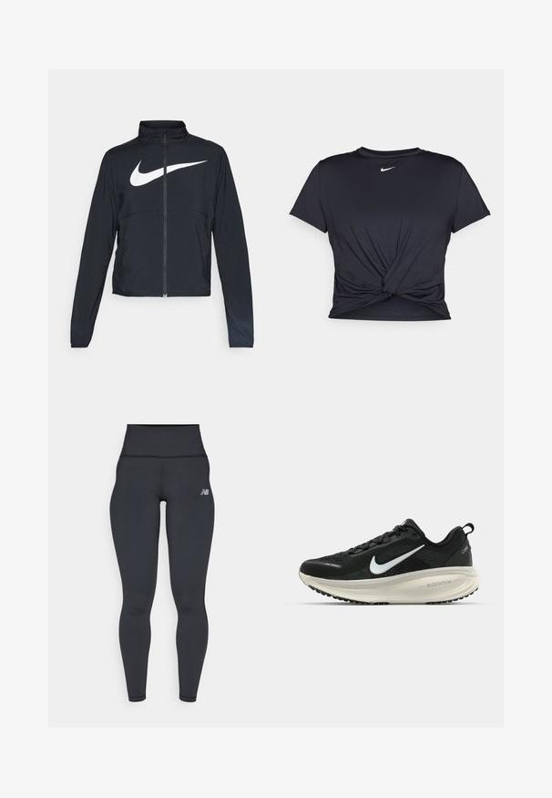 Casaco desportivo preto com fecho éclair completo, gola alta, mangas longas e grande logótipo branco da Nike na parte frontal.; T-shirt atlético preto feito de tecido liso, apresentando um design frontal com nó e um pequeno logótipo branco da Nike no peito.; Leggings desportivos pretos de cintura alta com um design ajustado, textura suave e um pequeno logótipo branco no quadril esquerdo.; Sapatilha de corrida Nike preta com parte superior de malha respirável, logotipo Swoosh branco, detalhes texturizados e uma entressola ZoomX na cor creme.