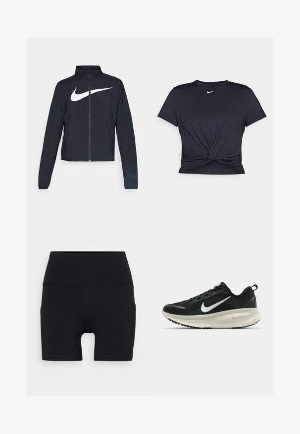 Black full-zip sports jacket with high collar, long sleeves, and large white Nike swoosh logo across the chest.; Black athletic t-shirt made of smooth fabric, featuring a knotted front design and a small white Nike logo on the chest.; Black athletic shorts made from stretchy material, featuring a high waist, fitted design, and flatlock seams for comfort and durability.; Black Nike running shoe with breathable mesh upper, white swoosh logo, textured detailing, and a cream-colored ZoomX midsole.