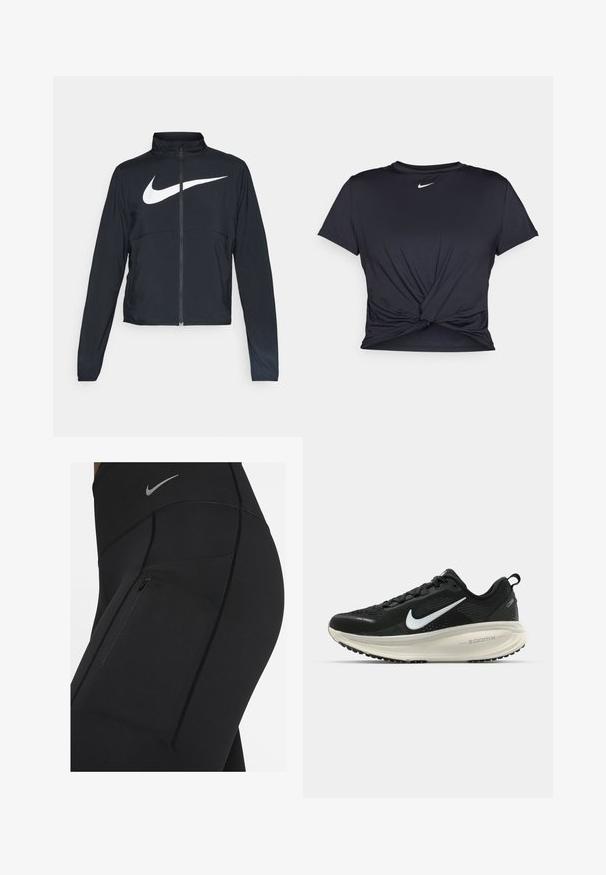 Giacca sportiva nera con zip completa, colletto alto, maniche lunghe e grande logo swoosh bianco Nike sul petto.; Maglietta atletica nera realizzata in tessuto liscio, con un design anteriore annodato e un piccolo logo Nike bianco sul petto.; Leggings neri a vita alta realizzati in materiale elastico, con una tasca con zip e cuciture a contrasto. Logo Nike argento in vita.; Scarpa da corsa nera Nike con tomaia in rete traspirante, logo Swoosh bianco, dettagli testurizzati e intersuola ZoomX di colore crema.