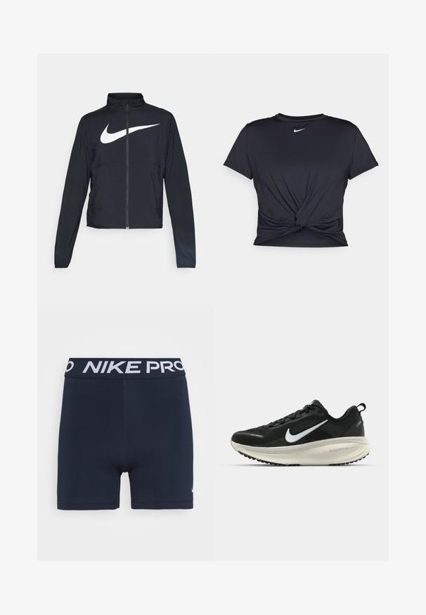 Must musta täispikk vary hoodie kõrge krae, pikad varrukad ja suur valge Nike swooshi logo rinnal.; Mustmust musta sportlik T-särk, mis on valmistatud sujuvast kangast, millel on sõlmega esikülg ja väike valge Nike logo rinnal.; Tumesinised Nike Pro lühikesed püksid elastse vööni ja valge "NIKE PRO" brändinguga. Sile veniv materjal ja istuv disain.; Musthave mustus Nike jooksujalats, millel on hingav võrgust ülemine osa, valge swoosh logo, tekstuuriga detailid ja kreemja värvusega ZoomX vahevöö.