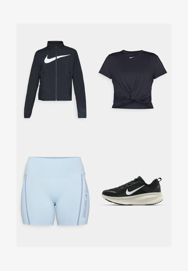 Svart joggebund med hel glidelås, høy krage, lange ermer og stort hvitt Nike swoosh-logo over brystet.; Svart trenings T-skjorte laget av glatt stoff, med en knyttet frontdesign og en liten hvit Nike-logo på brystet.; Lyseblå sportsshorts laget av elastisk materiale, med høy midje, kontrastsømmer og sidetrykk av "NIKE Sportswear."; Svart Nike løpesko med pustende mesh-overdel, hvit swoosh-logo, teksturert detaljer og en kremfarget ZoomX mellomsåle.