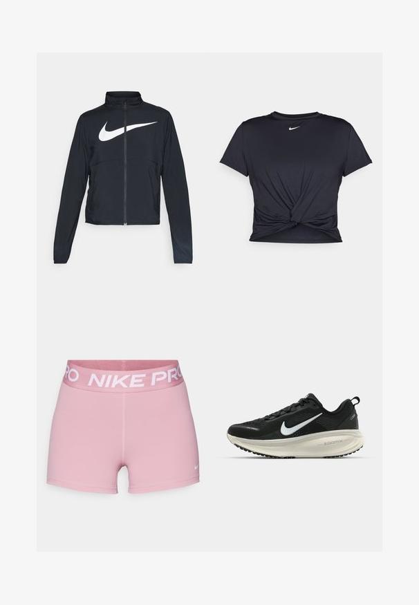 Zwarte sportjas met volledige rits, hoge kraag, lange mouwen en groot wit Nike swoosh-logo op de borst.; Zwarte sportieve T-shirt van gladde stof, met een geknoopt ontwerp aan de voorkant en een klein wit Nike-logo op de borst.; Rosa sportieve shorts van rekbaar materiaal, met een brede, zachte tailleband waarop het "NIKE PRO" logo in het wit staat en een klein Nike swoosh op het been.; Zwarte Nike hardloopschoen met ademend mesh bovenwerk, witte swoosh-logo, gestructureerde details en een crèmekleurige ZoomX middenzool.