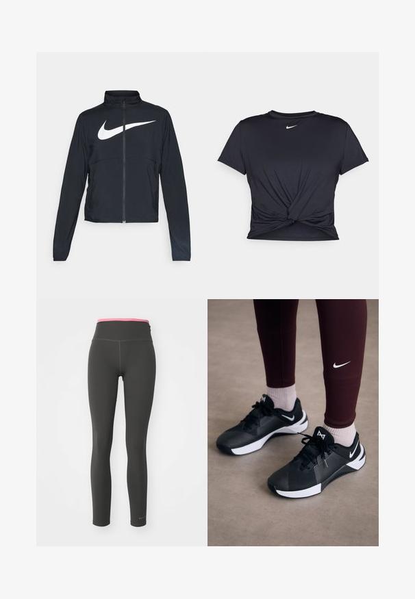 Svart joggebund med hel glidelås, høy krage, lange ermer og stort hvitt Nike swoosh-logo over brystet.; Svart trenings T-skjorte laget av glatt stoff, med en knyttet frontdesign og en liten hvit Nike-logo på brystet.; Sorte leggings med en høy rosa midje, laget av glatt, elastisk stoff. Har flate sømmer og en logo nederst til venstre.; Svarte joggesko med en strukturert overdel og hvite detaljer, med snøring og logo på siden. Brukt med maroon leggings og lyse sokker.