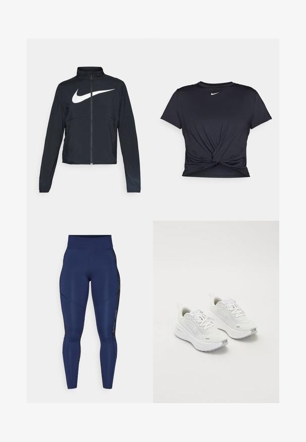 Črna športna jakna z polnim zadrgo, visokim ovratnikom, dolgimi rokavi in velikim belim logotipom Nike swoosh čez prsi.; Črna atletska majica iz gladkega materiala, z vozlanim sprednjim delom in majhnim belim logotipom Nike na prsih.; Temno modri legingi z visokim pasom, ki imajo gladke, strukturirane panele ob straneh in diskretne šive za prilegajoč videz.; Bele športne čevlje z teksturirano mrežasto zgornjico, oblazinjeno podplatom in subtilnimi sivimi detajli. Vključujejo blagovno znamko in zanko na peti za enostavno obuvanje.